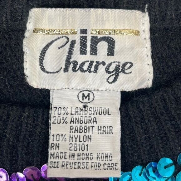 Vtg 80s Women's Medium In Charge Black Floral Sequin Sweater Lambswool Angora - Picture 4 of 11